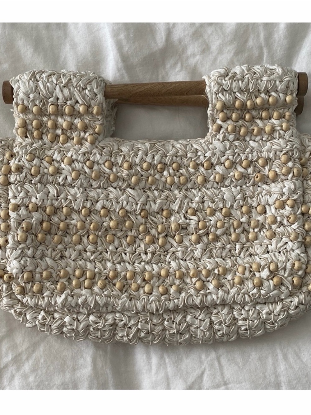 Anthropologie Cream Crochet Bead-Embellished Clutch with Wood Handles